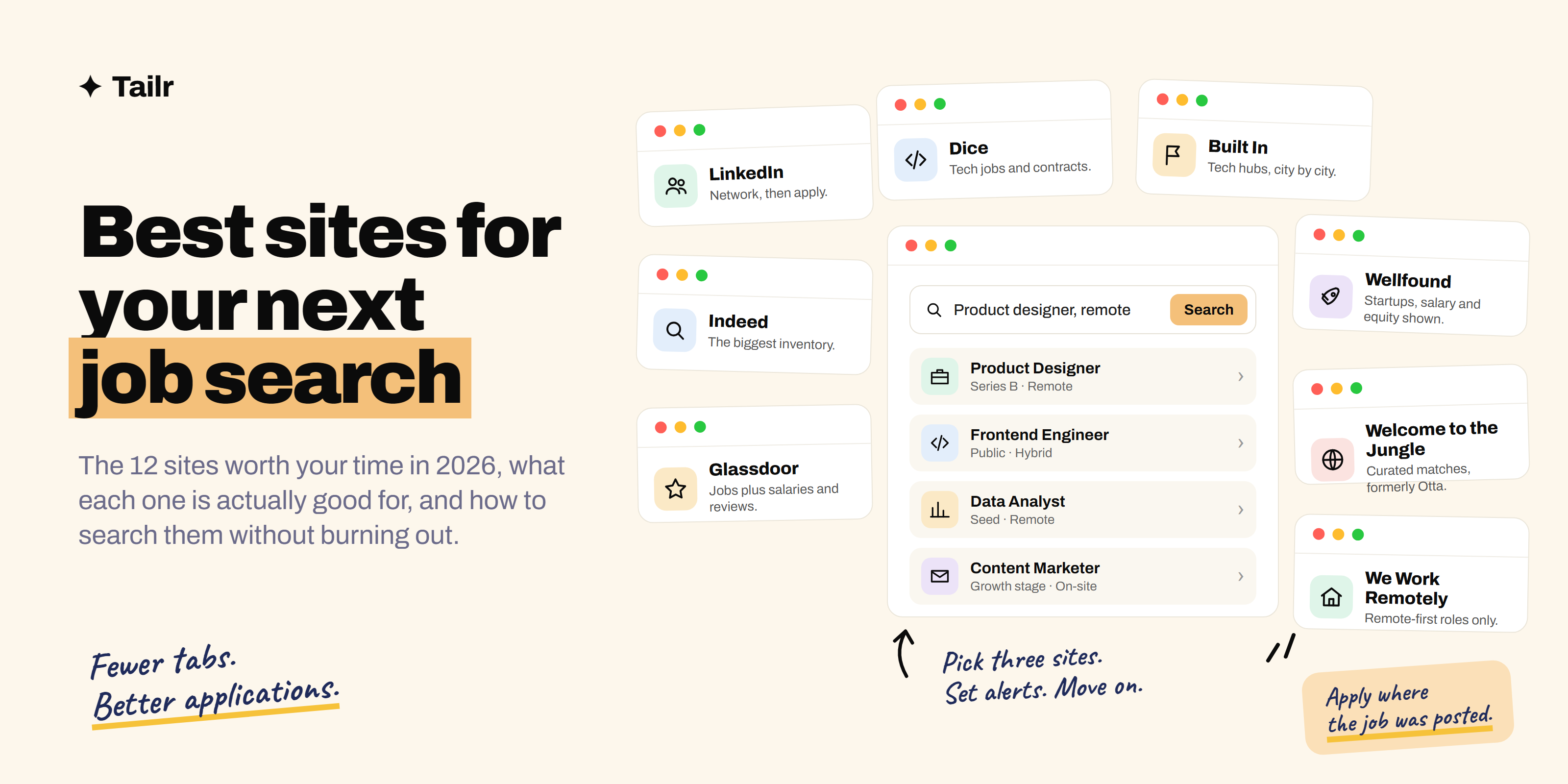 A job search results window surrounded by browser cards for LinkedIn, Indeed, Glassdoor, Wellfound, Welcome to the Jungle, We Work Remotely, Dice and Built In