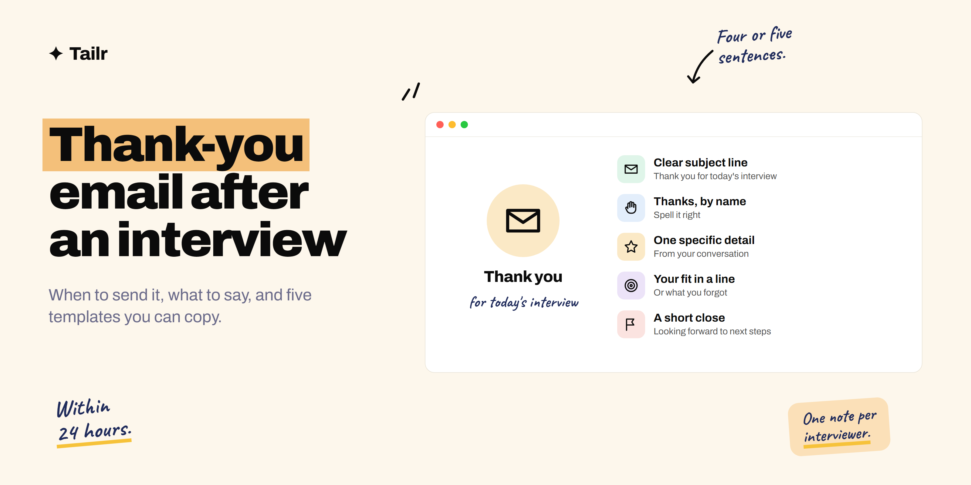 An interview thank-you email broken into its parts: subject line, thanks, a specific detail from the conversation, your fit and a short close