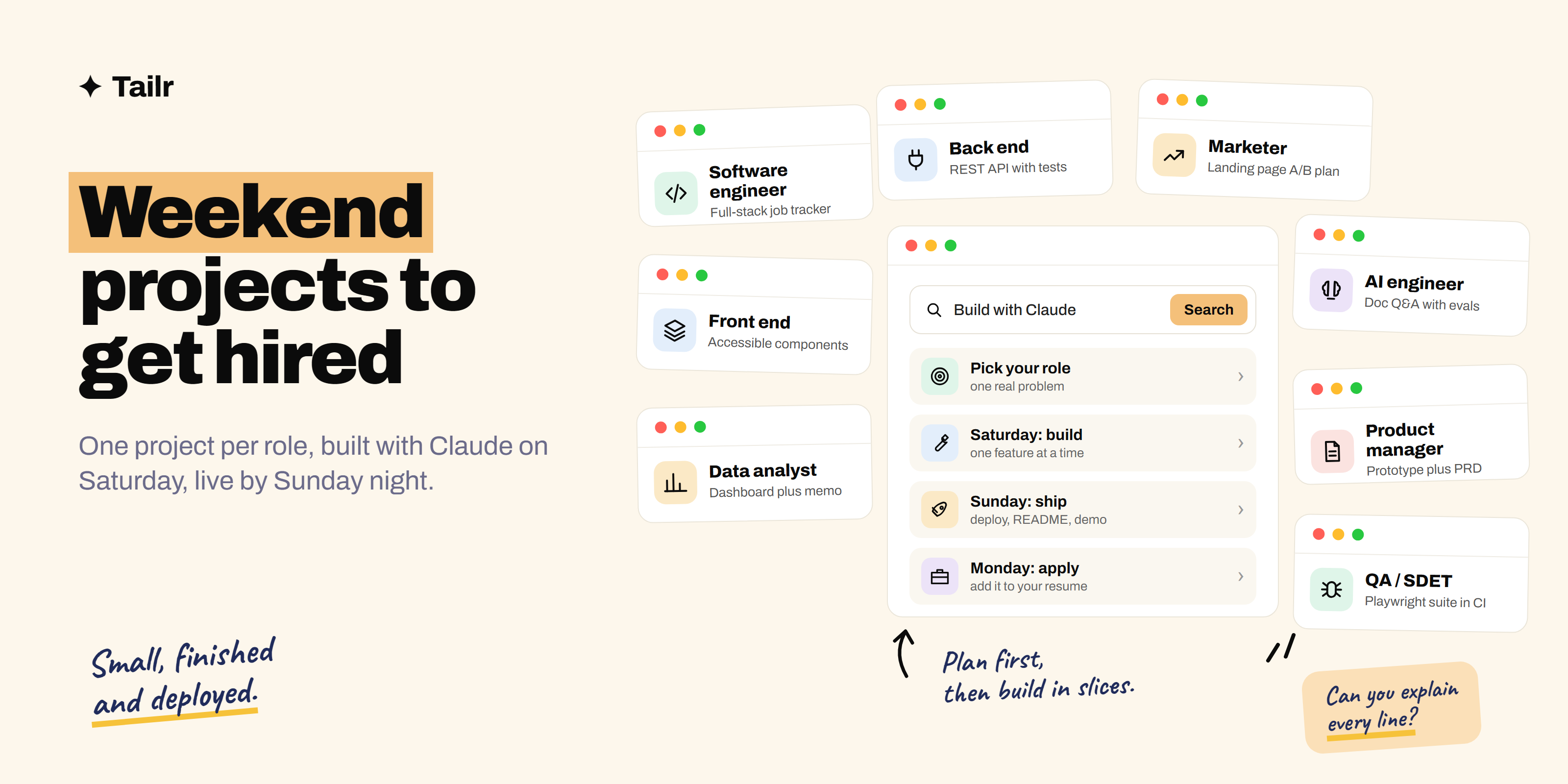 A weekend project plan: pick a project for your target role, build it with Claude on Saturday, deploy and write it up on Sunday