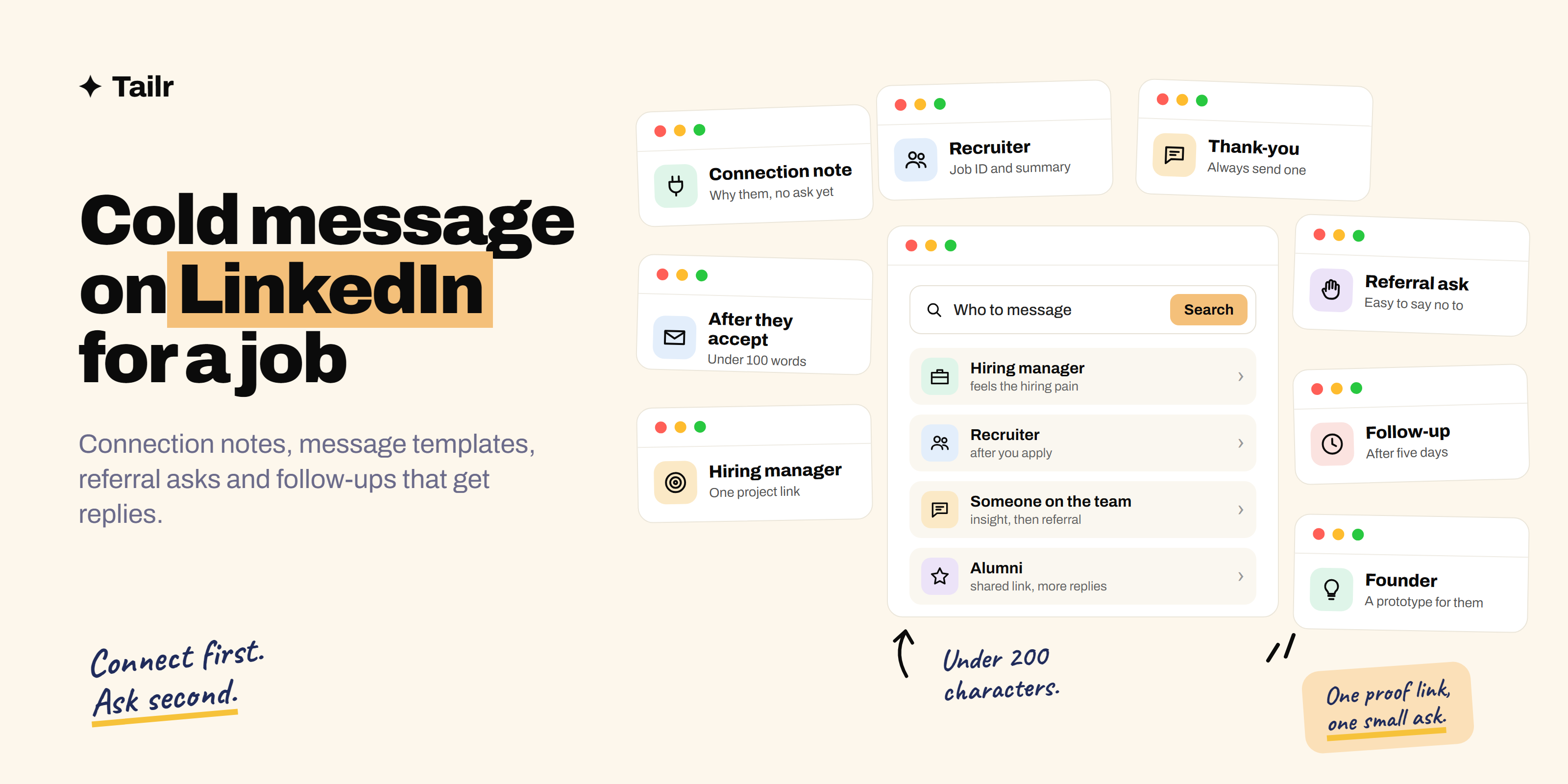 A LinkedIn cold message that works: a short connection note, a specific follow-up message with one proof link, and a small ask