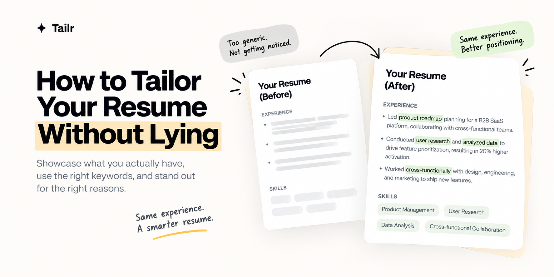 Before-and-after resume comparison: a generic version next to a tailored one with product roadmap, user research, and data analysis highlighted