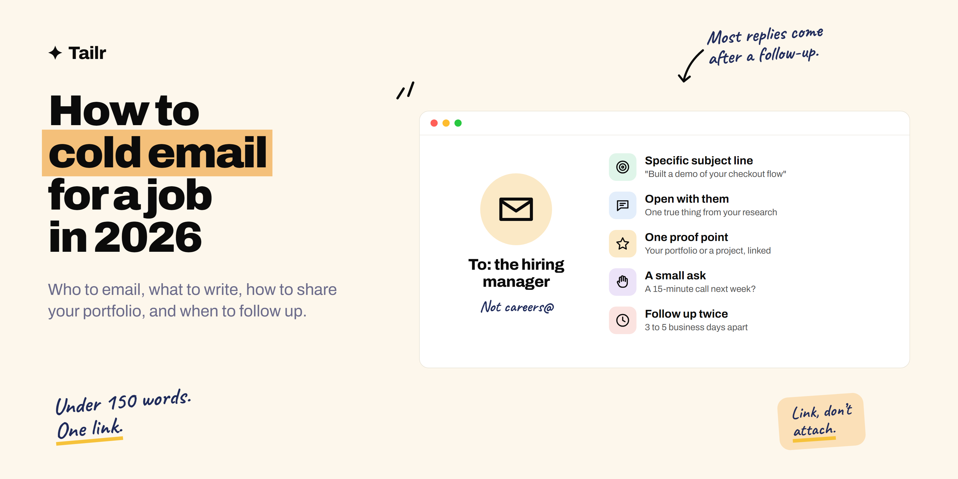 Anatomy of a job cold email: a specific subject line, a personal opening, one proof point with a portfolio link, and a small ask