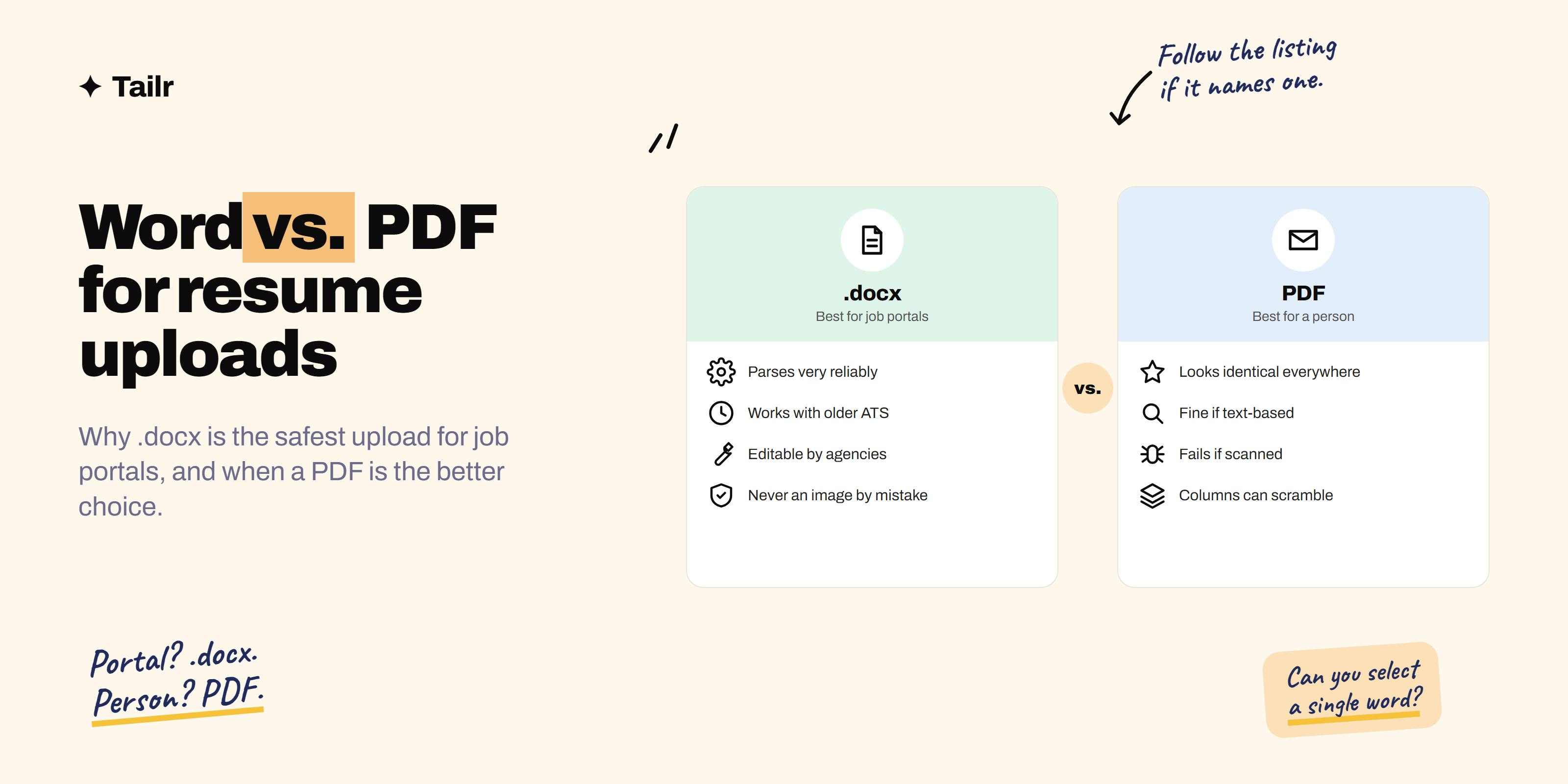 A Word resume and a PDF resume side by side, comparing how each one parses, displays and gets edited