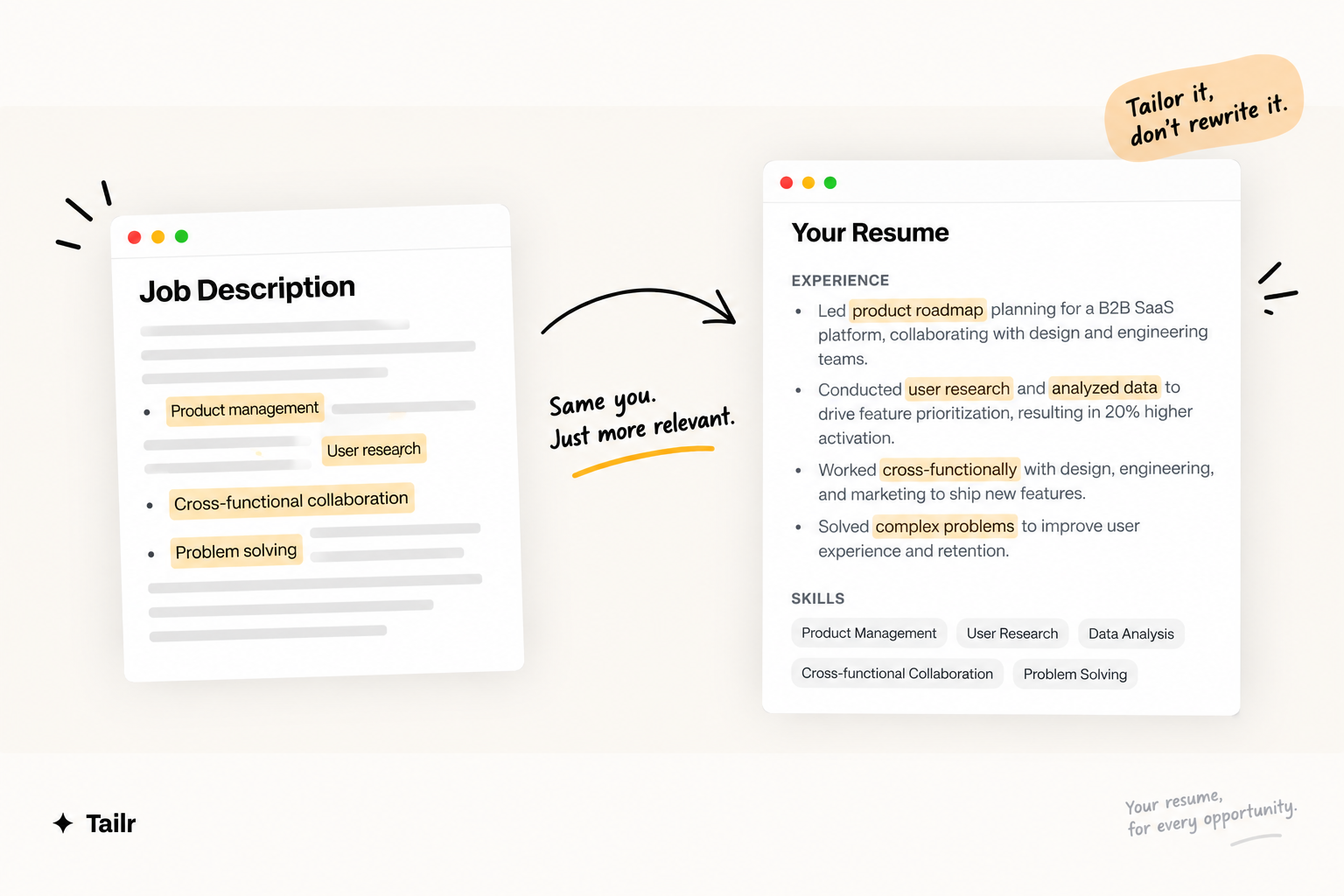 A job description on the left and a tailored resume on the right, with matching skills highlighted between them