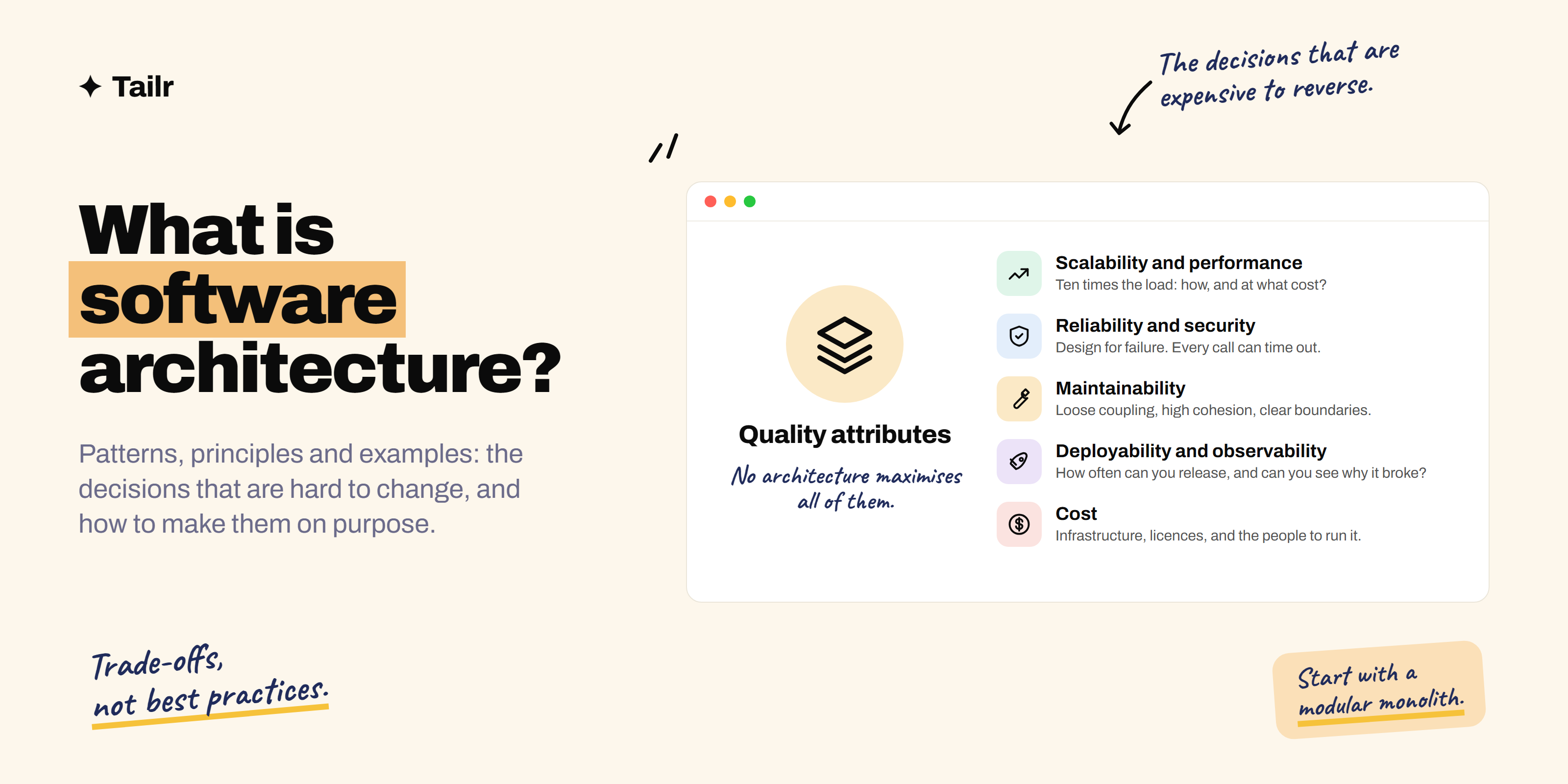 Software architecture shown as a set of trade-offs: the quality attributes a system must balance and the patterns used to balance them