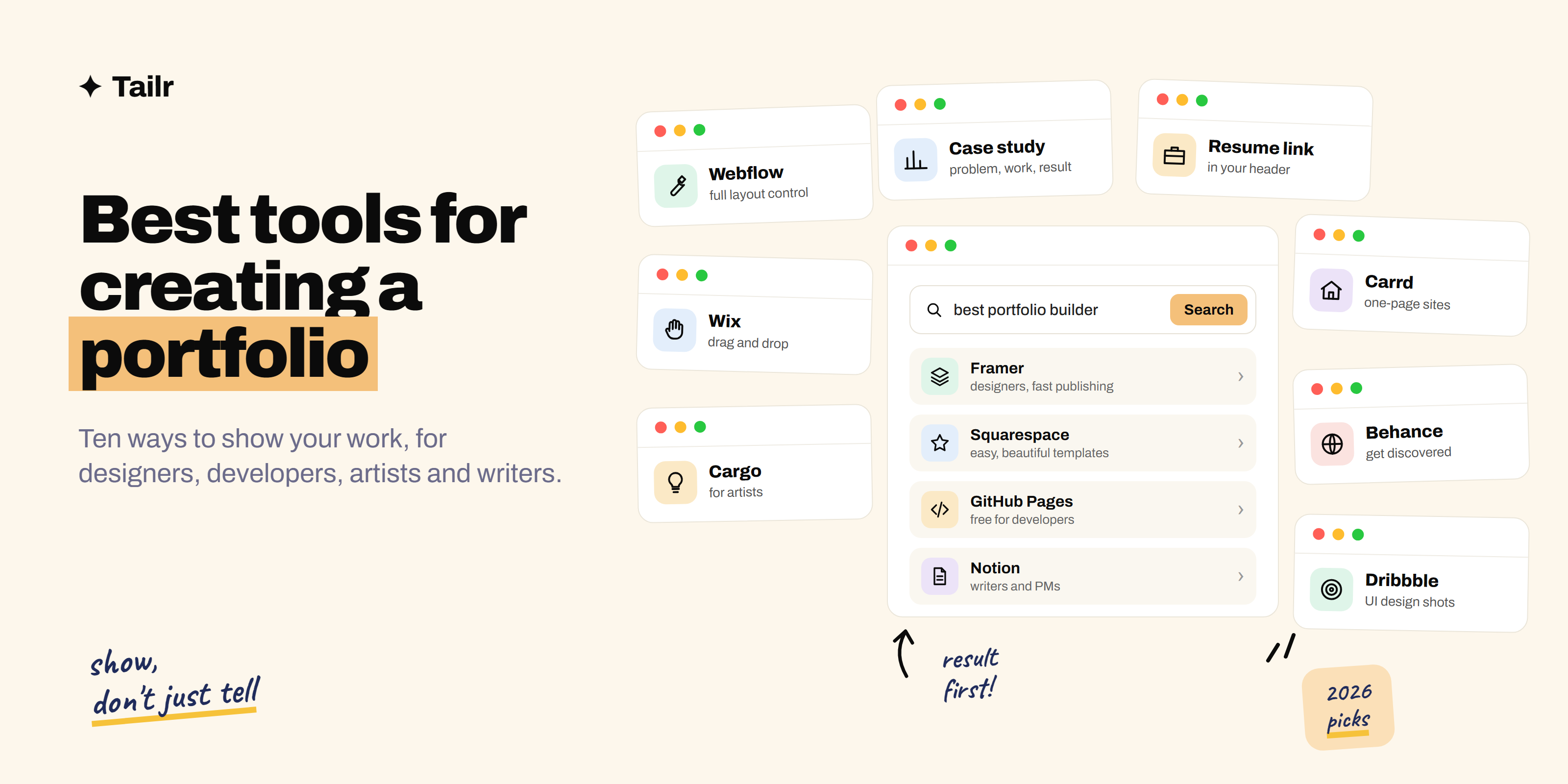 Collage of portfolio tools including Framer, Webflow, Squarespace, Behance and GitHub Pages around a search window for building a portfolio