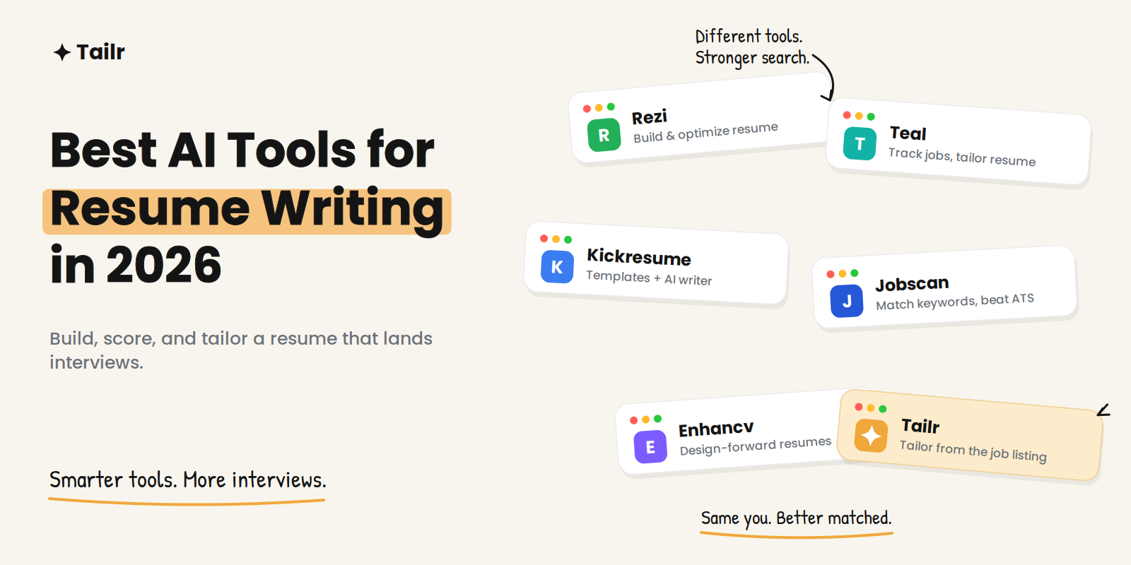 Editorial illustration of an AI resume-writing dashboard with a resume score, keyword matches, and job-listing cards