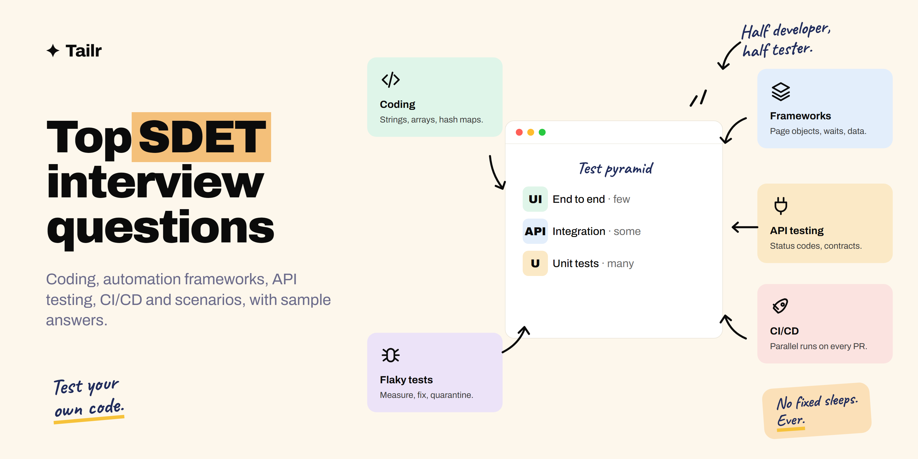 SDET interview question cards on automation frameworks, flaky tests, API testing, CI pipelines and coding, around a test code window