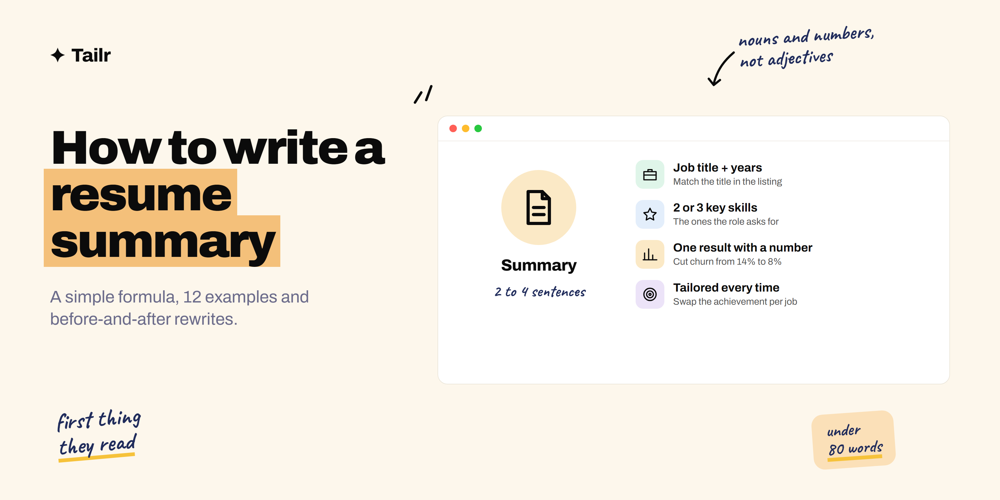 A resume with the summary section highlighted, built from role, years, strengths and one measurable result