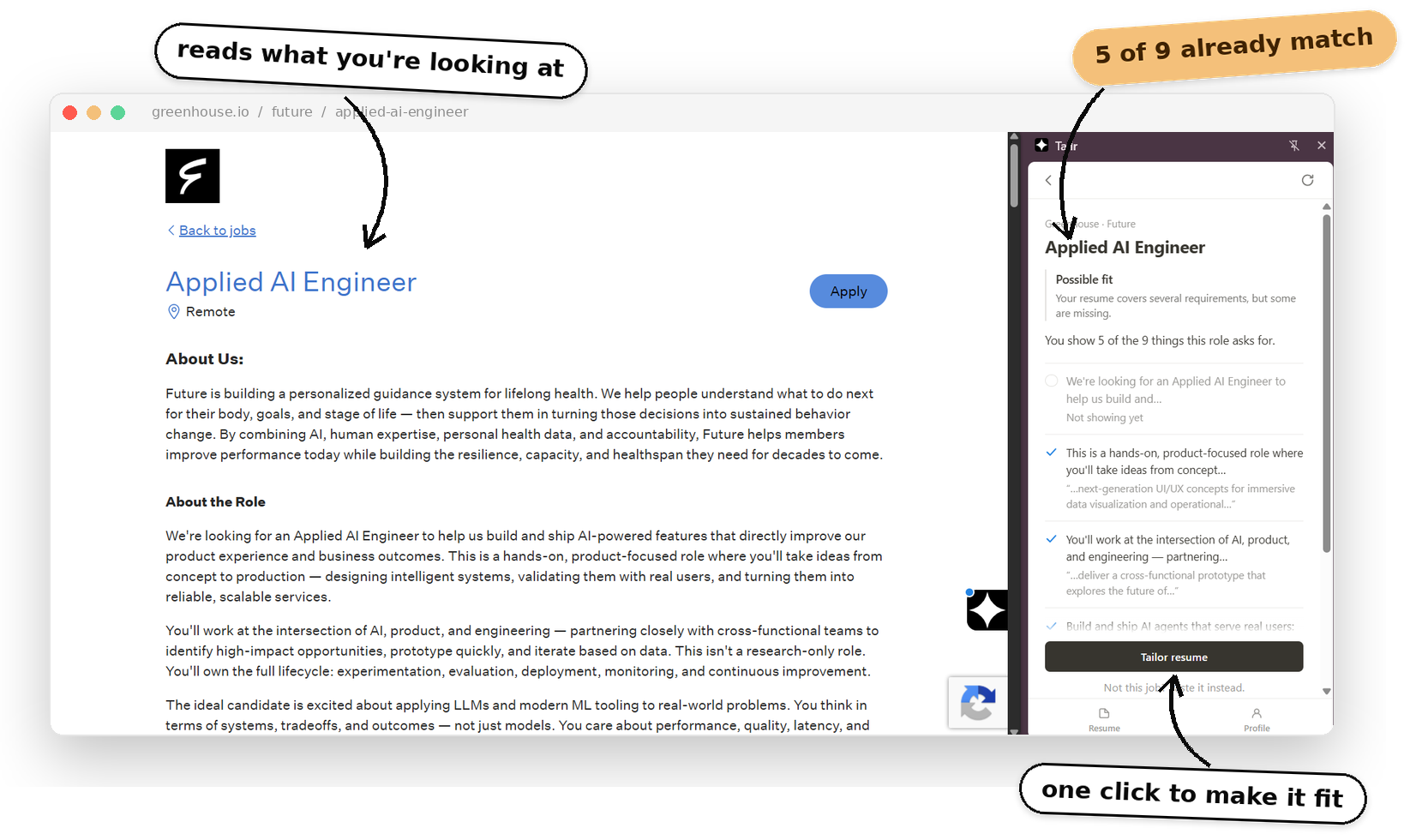 The Tailr side panel open beside an Applied AI Engineer posting on Greenhouse, showing that the resume already covers five of the nine things the role asks for, with a button to tailor it.